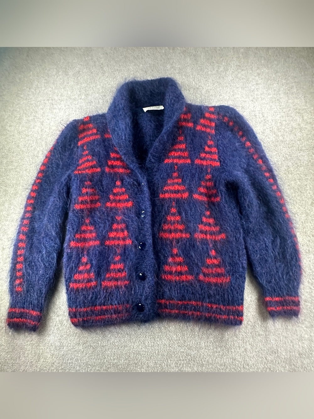 Vintage Australian Mohair/Angora Blue & Red Geometric Unisex Cardigan Sweater